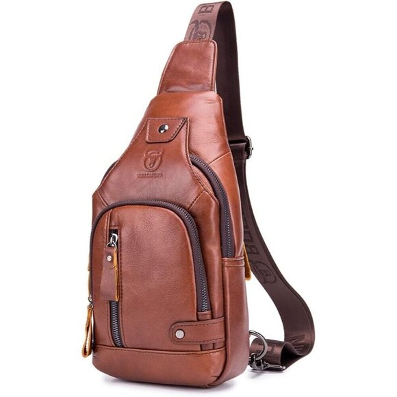 💫 Men Brown Vintage Leather Sling Backpack Crossbody Chest Shoulder Bag - Picture 1 of 8